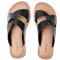 Luoika Women's Wide Width Flat Slides Sandals, Strapy Slide Sandal Slip on Dressy Summer Shoes for Women.