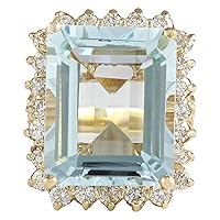 12.3 Carat Natural Blue Aquamarine and Diamond (F-G Color, VS1-VS2 Clarity) 14K Yellow Gold Luxury Cocktail Ring for Women Exclusively Handcrafted in USA