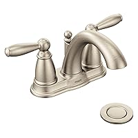 Moen Brantford Brushed Nickel Two-Handle Low-Arc Centerset Bathroom Faucet with Drain Assembly, 6610BN, 0.5