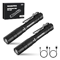 WORKPRO Rechargeable Pen Light, Mini Flashlight, 2 Pack Ultra-Compact EDC Flashlight, Pocket Flashlight with Clip, Memory Function and 2 x USB C Cable Included, Black