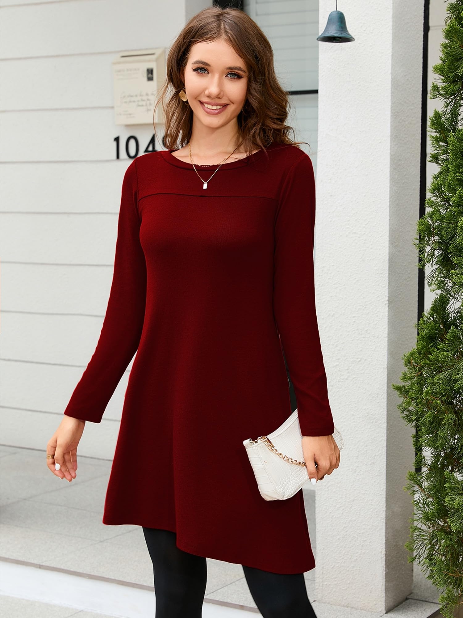 KORSIS Dresses for Women Long Sleeve Round Neck Casual Button Side T Shirts Loose Fitting Sweater Tunic Dress