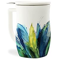 Tea Forte Fiore Ceramic Tea Mug with Infuser and Lid, Blue Agave, 14 oz. Ceramic Cup with Handle for Steeping Loose Leaf Teas, Microwave & Dishwasher Safe