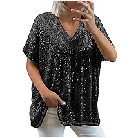 Summer Sequin Tops for Women Casual Loose Fit Sparkly Glitter Blouses Short Sleeve V Neck Glitter Club Party Shirts