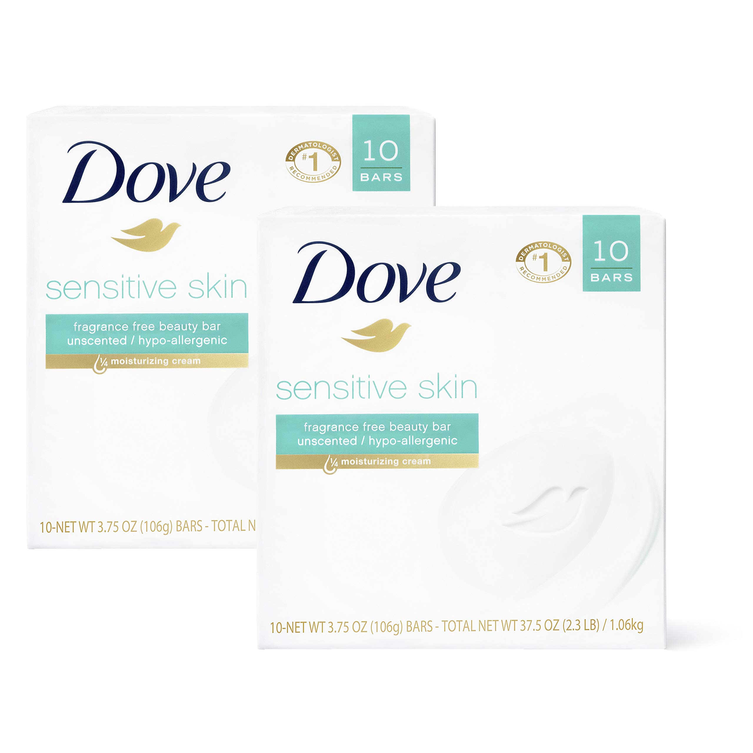 Dove Moisturizing Beauty Bar for Softer Skin, Fragrance-Free, Hypoallergenic Beauty Bar Sensitive Skin Effectively Washes Away Bacteria While Nourishing Your Skin 3.75 oz 20 Bars