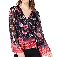 I.N.C. International Concepts INC Womens Black Printed Bell Sleeve V Neck Blouse Size: XS