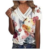 Dressy Blouses for Women V Neck Button Down Short Sleeve T-Shirt Trendy Striped Floral Print Tops Loose Fit Tunic