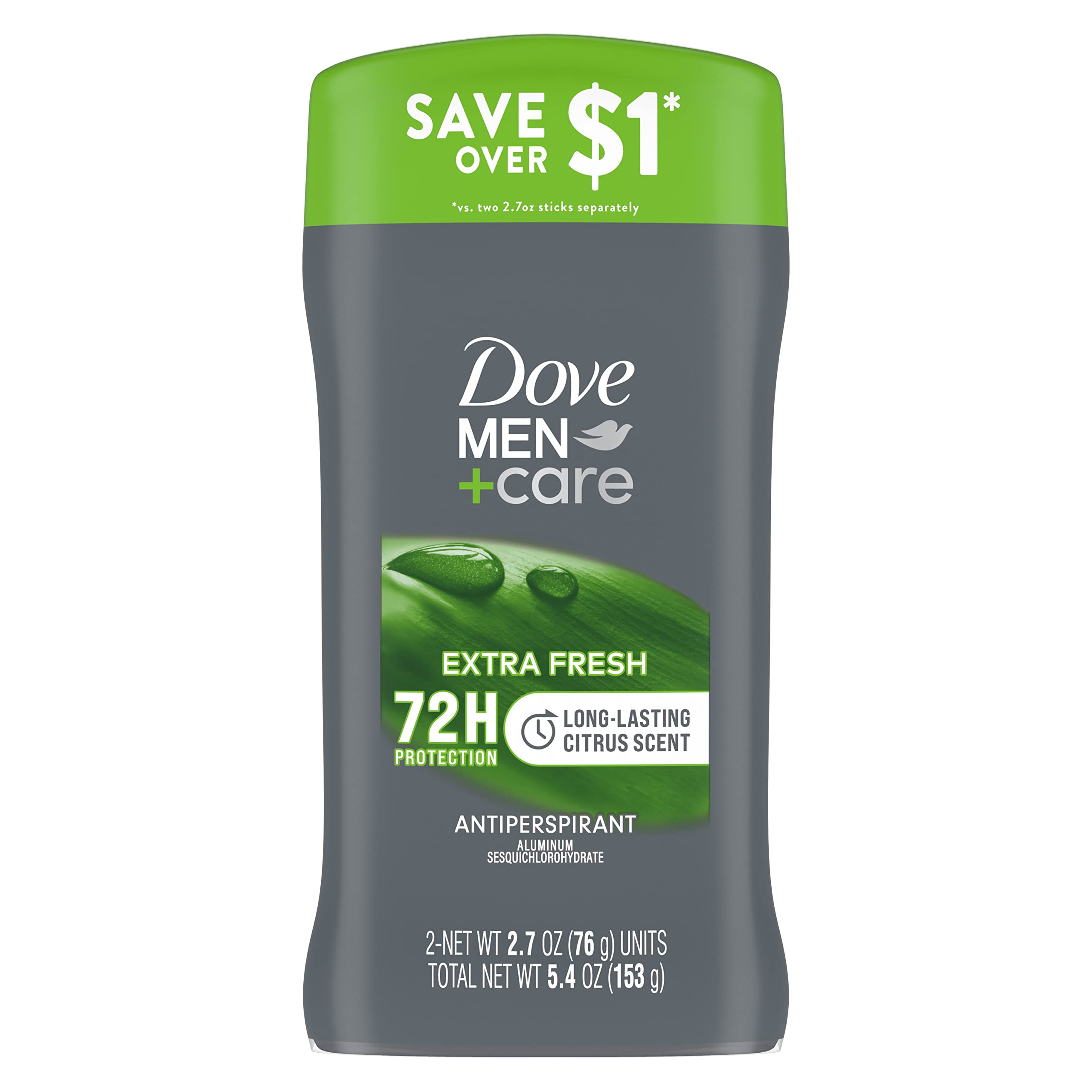 Dove Men+Care Extra Fresh Men's Antiperspirant Deodorant Stick Extra Fresh Twin pack With 72-hour sweat & odor protection with 1/4 Moisturizing Cream & Long-lasting Citrus Scent 2.7 Ounce (Pack of 2)