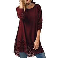 Andongnywell Women's Long Sleeve A-line Lace Stitching Trim Loose Casual Dress