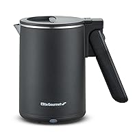 Elite Gourmet EKT719 Dual Volt 110-220V, Travel Double Wall Insulated Cool-Touch, 0.6L Electric Kettle, Stainless Steel Interior, Hinged-Locking Lid, Retractable Handle, Auto Shut-Off, Boil Dry, Black