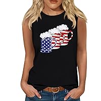 Womens 4th of July T Shirt Patriotic Tank Tops for Women 2024 Vintage American Flag Print Casual with Sleeveless Round Neck Cami Shirts Black Medium