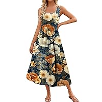 Summer Dresses for Women 2024 Sleeveless Independence Day Printed Dress Square Collar Tank Sundresses with Pockets
