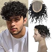 Men's Toupee 8inch Hairpieces Curly Hair 100% European Virgin Human Hair Replacement System Hair Topper Pieces for Men Swiss Lace Net with PU Base Size 4.33x6.69 inch 1B Black Color
