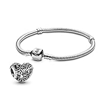 Pandora Jewelry Bundle with Gift Box - Family Heart Sterling Silver Charm & Moments Sterling Silver Snake Chain Charm Bracelet with Barrel Clasp, 6.3