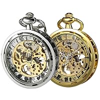 VIGOROSO Mens Classic Steampunk Pocket Watch Silver Skeleton Hand Wind Mechanical Watches in Box+Mens Steampunk Pocket Watch with Chain Skeleton Hand Wind Mechanical Watches for Men, Gift for Husband