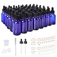 48 Pack 1oz Cobalt Blue Glass Bottles with Glass Eye Droppers for Essential Oils, Perfumes & Lab Chemicals (Brush, Funnels, 2 Extra Droppers, 54 Pieces Labels & 30ml Measuring Cup Included)