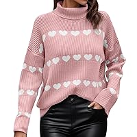 Heart Sweater for Women Valentines Sweater Women Striped Heart Print Crew Neck Chunky Knitted Sweaters Pullover Sweater