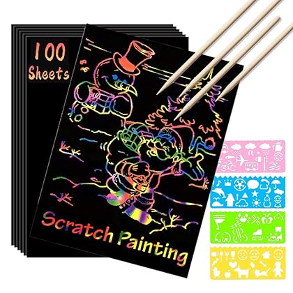 SKYFIELD Scratch Paper Art Set for 3 4 5 6 7 Year Old Boy and Girl, 100 Sheets Scratch it Off Rainbow Magic Paper Craft, Kids Age 8-12 and up DIY Holiday Gift Birthday Party Games