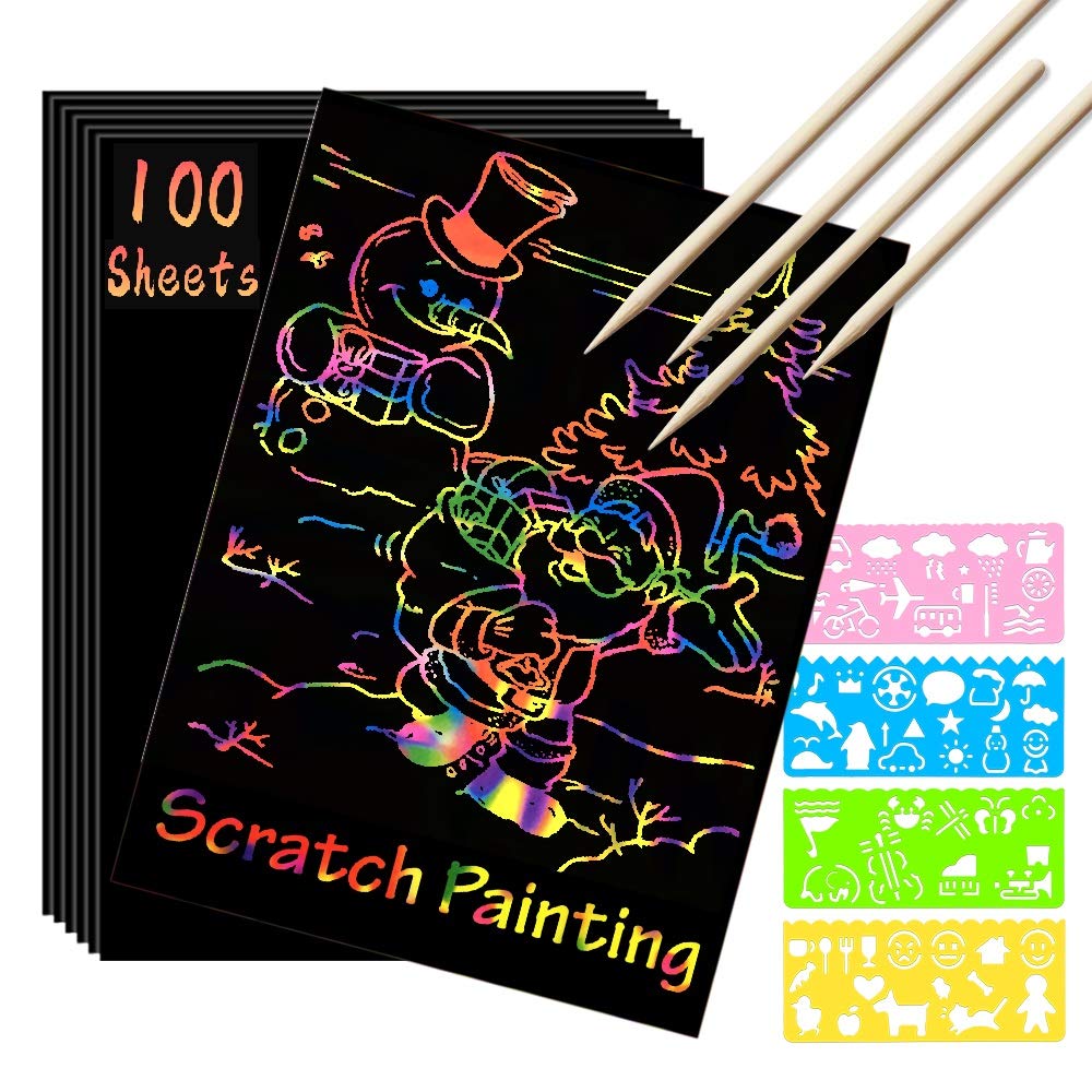 SKYFIELD Scratch Paper Art Set for 3 4 5 6 7 Year Old Boy and Girl, 100 Sheets Scratch it Off Rainbow Magic Paper Craft, Kids Age 8-12 and up DIY Holiday Gift Birthday Party Games