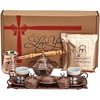 BOSPHORUS 16 Pieces Turkish Greek Arabic Coffee Making Serving Gift Set with Copper Pot Coffee Maker, Cups Saucers, Tray, Sugar Bowl & 6.6 Oz Coffee