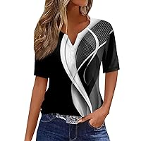 V Neck Shirt for Women 2024 Plus Size Short Sleeve Printed Casual Tops Summer Button Hide Belly Workout Tshirts