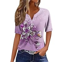 Summer Tops for Women 2024 Vacation Trendy V Neck Floral Short Sleeve Shirts Casual Loose Comfy Tunic Clothes