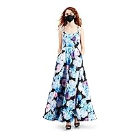 Womens Black Pocketed Zippered Gown Floral Spaghetti Strap Scoop Neck Maxi Prom Fit + Flare Dress Juniors 1