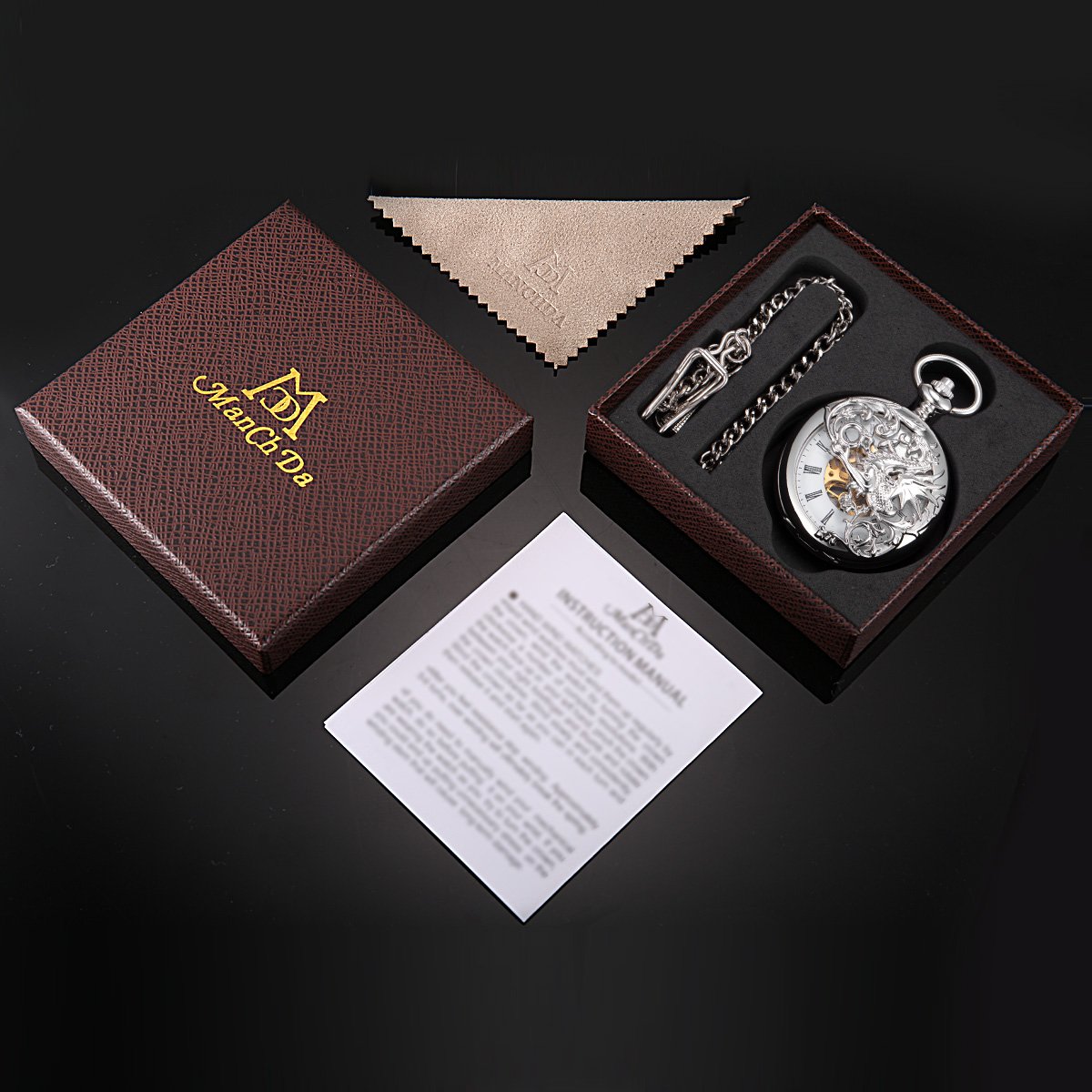 Mens Skeleton Mechanical Pocket Watch - Dragon Hollow Double Hunter Black Roman Numerals White Dial with Chain + Gift Box