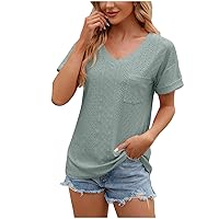 2024 Women's Eyelet Top Summer Breathable V Neck Short Sleeve Shirts Dressy Casual Loose Fit Basic Tees with Pocket