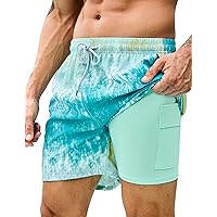 Mens Swim Trunks with Compression Liner 7 inch Inseam 2 Pack Quick Dry Stretch Beach Shorts Bathing Suits Swimwear