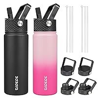 BJPKPK 2 Pack Insulated Water Bottles with Straw Lids, 22oz Stainless Steel Metal Water Bottle with 6 Lids, Leak Proof BPA Free Thermos, Cups, Flasks for Travel, Sports (Sakura+Black)