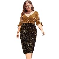 LALAGEN Women Plus Size Bodycon Pencil Midi Dress Stretchy Sequin Wrap V Neck Half Sleeve Velvet Party Dress 1X-5X