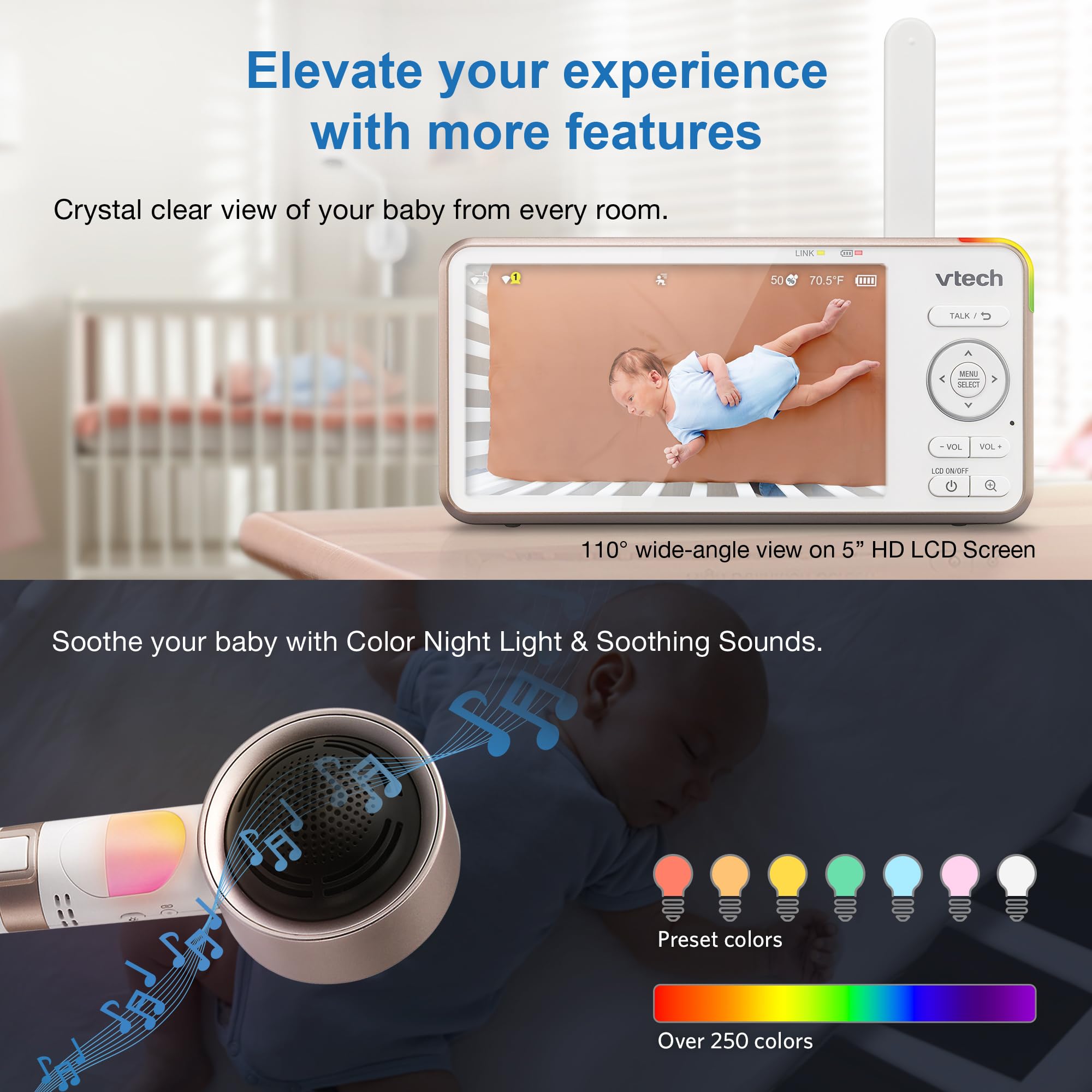 VTech VC2105 V-Care 1080p FHD Over-the-Crib Wifi Smart Baby Monitor with 5
