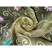 Silk Organza Embroidered 44 ~Pastel Green with Pink Blue Floral Embroidery [730], ORGANZA_PASTELGREEN_PINKBLUEFLORAL_730