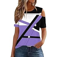 Cold Shoulder Tops for Women, Summer 2024 T Shirts Button Women's Graphic Vintage Trendy, S XXXL