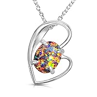Heart’s Art - Play Of Colour Fire Opal Pendant in Modern Heart Setting, Adjustable 45 to 50cm Sterling Silver Chain, 9x7mm Ethical Created Rainbow Opal Necklace