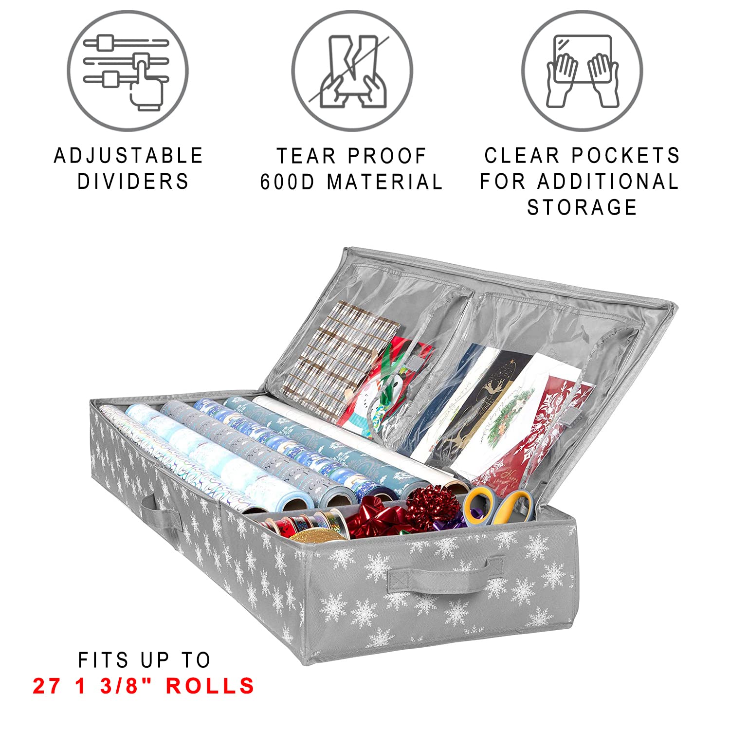 Wrapping Paper Storage Container – Fits up to 27 Rolls 1 3/8” Diam. - Underbed Gift Wrap Organizer Bags, Wrapping Paper Rolls, Ribbon, and Bows - Under Bed- Durable Material 600D - Up to 40