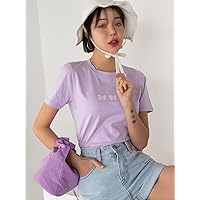 Women's T-Shirt Butterfly and Slogan Graphic Tee T-Shirt for Women (Color : Lilac Purple, Size : X-Large)