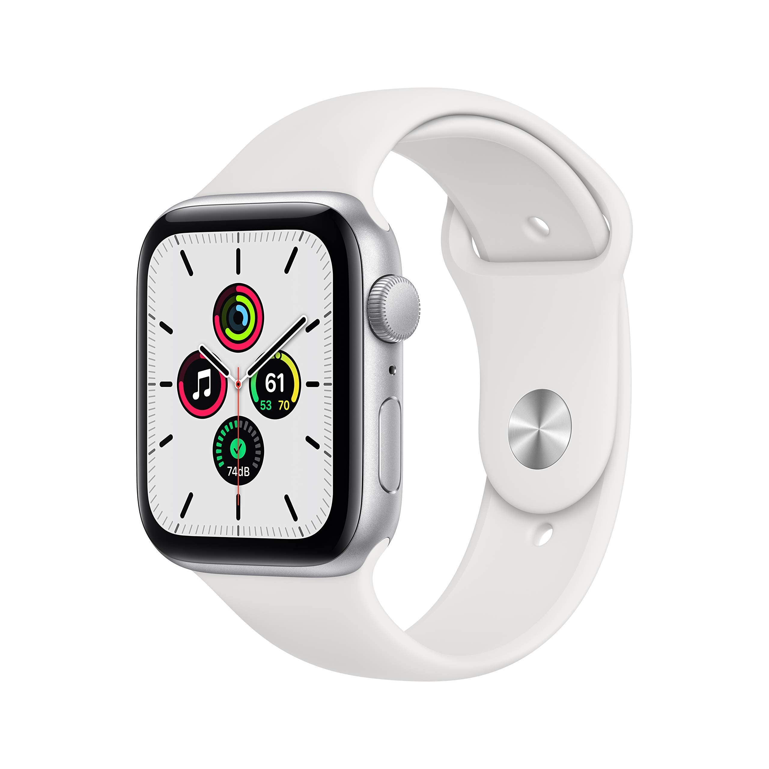 Apple Watch SE (GPS, 44mm) - Silver Aluminum Case with White Sport Band (Renewed)