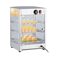 Commercial Food Warmer Display Cabinet, 14-inch 3-Tier, 800-Watt Pizza Warmer with 3D Heating, Bottom Fan, Countertop Pastry Warmer with Temperature Knob/Indicator, Stainless Steel Frame Glass Door