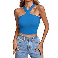 Women Fashion Cold Sholder Cross Halter Crop Tops Summer Knit Ribbed Casual Slim Fit Sexy Y2k Sleeveless Tank Top