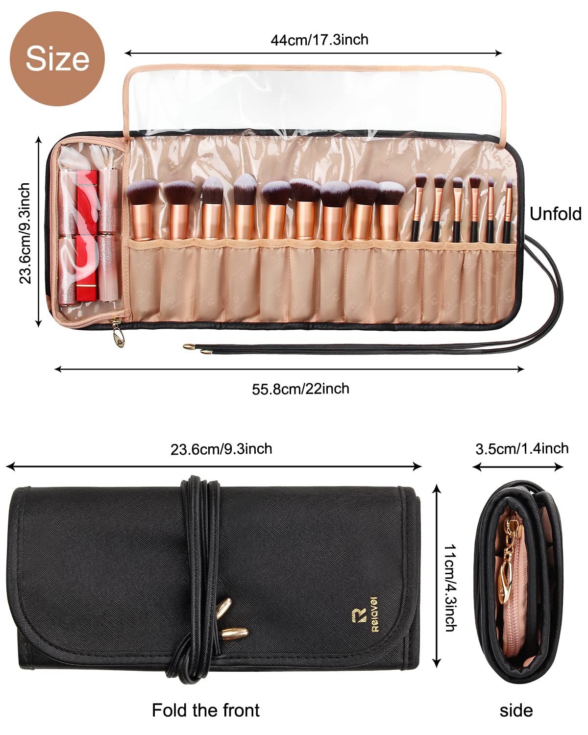 Relavel Makeup Brush Rolling Case Makeup Brush Bag Pouch Holder Cosmetic Bag Organizer Travel Portable Cosmetics Brushes Black Leather Case with Small Clear Bag