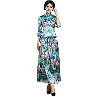 Cheongsam Silk Printing Improving Suit Dress of Qipao Skirt Chinese Water Ink Element Dress3226XXL Blue