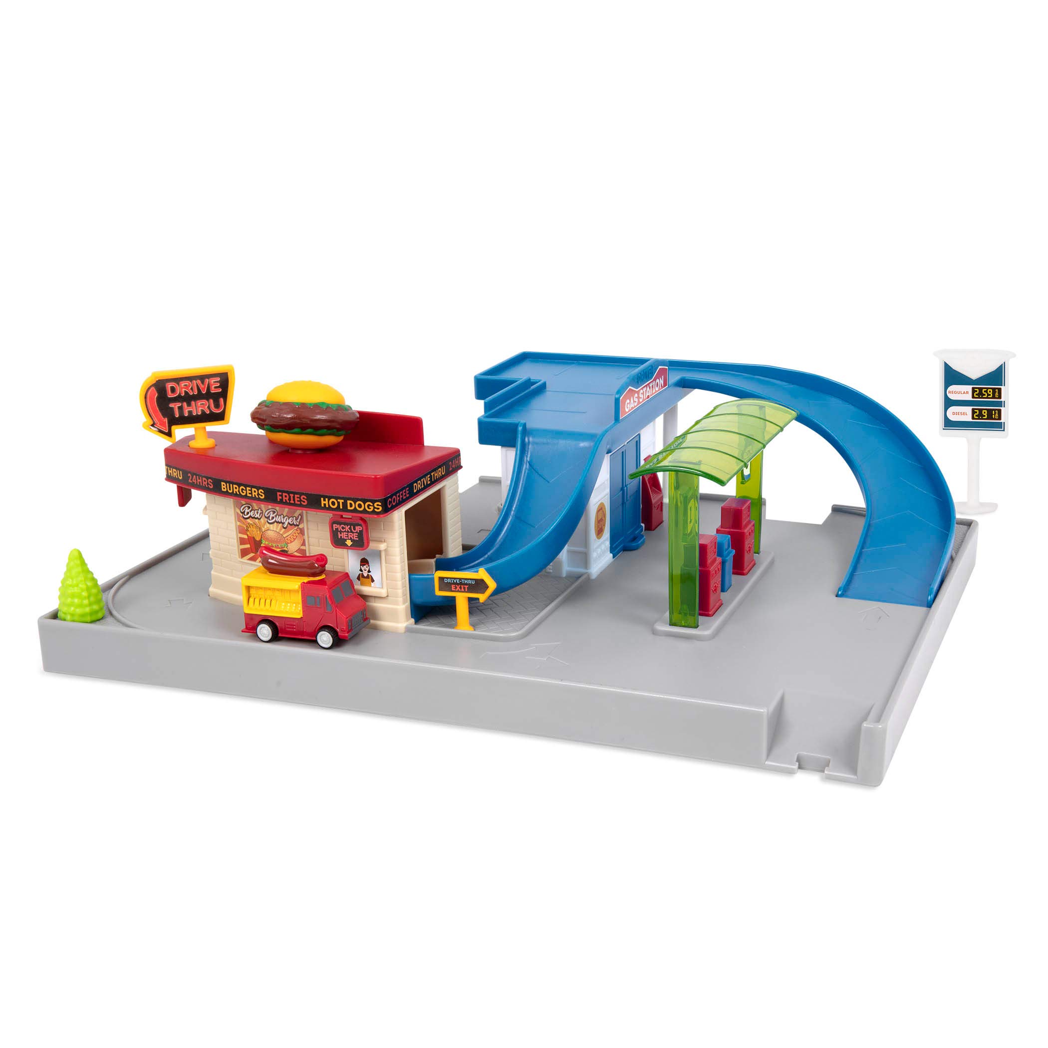 Driven by Battat – Gas Station & Drive-Thru Restaurant Playset – Toy Car Accessories for Kids – 5-Piece Set with Toy Food Truck – Toy Car Playset – 3 Years + – Pocket Dine & Drive Pit Stop (5pc)