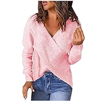 Women's Sweaters Casual Solid Color V-Neck Loose Knitted Sweater Ribbed Crewneck Sweatshirt