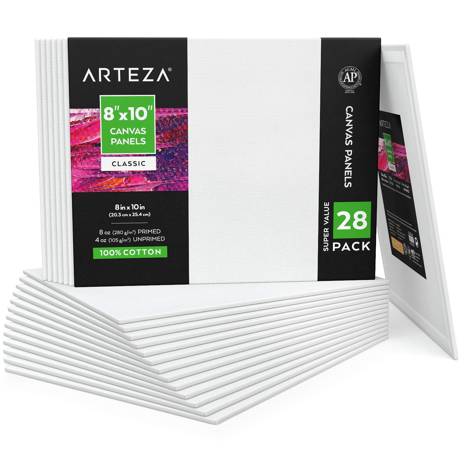 Arteza Paint Canvases for Painting, Pack of 28, 8 x 10 Inches, Blank White Art Canvas Boards, 100% Cotton, 8 oz Gesso-Primed, Art Supplies for Adults and Teens, for Acrylic Pouring and Oil Painting