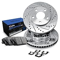 R1 Concepts Front Brake Rotors Drilled and Slotted Silver with Semi Metallic Pads and Hardware Kit Compatible For 2011-2014 Porsche Cayenne