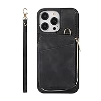 GeRRiT- Wallet Case for iPhone 15Pro Max/15 Pro/15 Plus/15, PU Leather Zipper Card Holder Slot Purse Cover with 1 Wristrap, for Women Girls (15,Black)