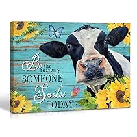 Qute Cow Flower Picture Canvas Print Motivational Quotes Wall Decor Art Sunflowers Animal on Green Wood Board Painting Modern Artwork for Bathroom Living Room Office Decoration, Framed 1 pcs 12x16