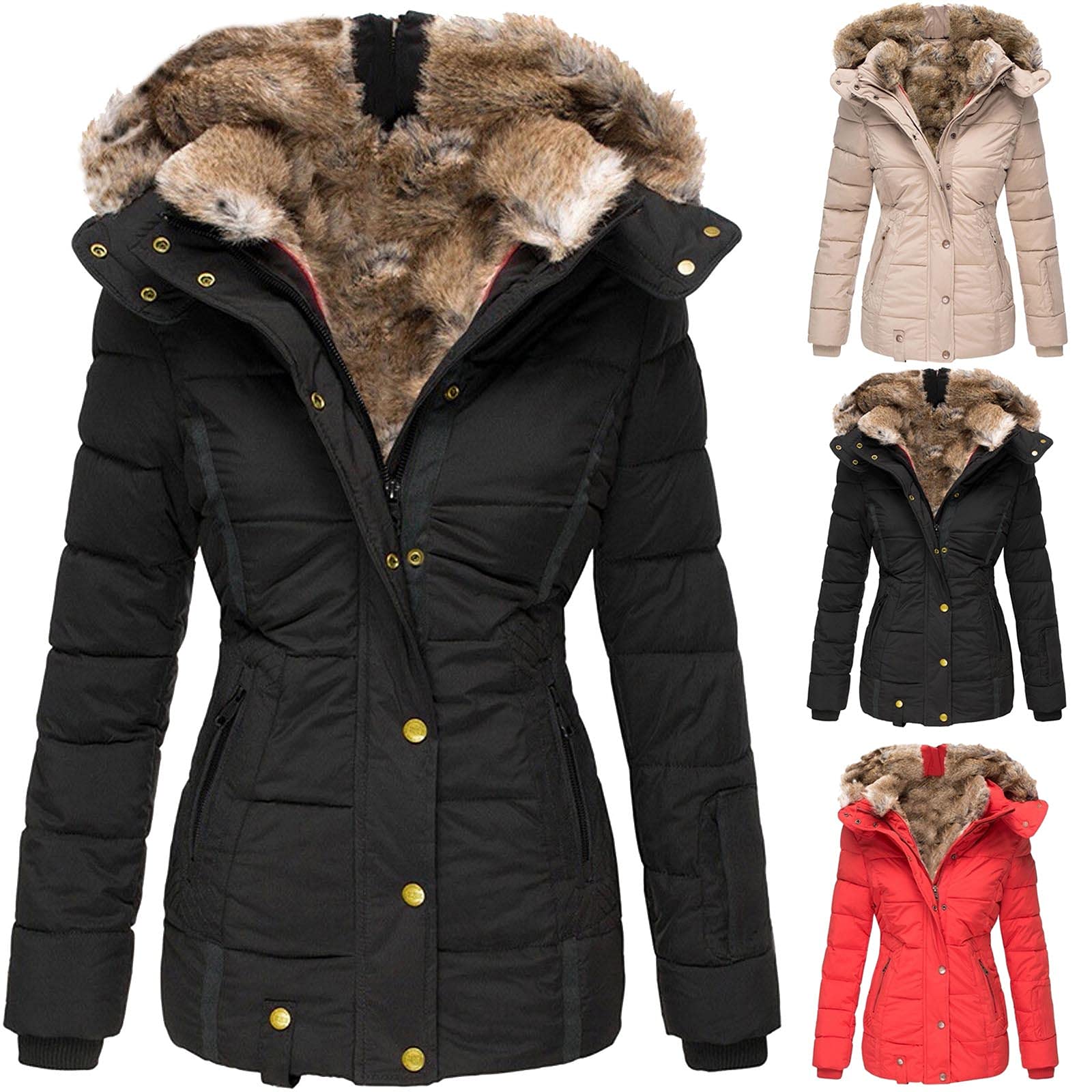 RFNIU Cotton Coat For Women Fashion Big Fur Collar Long Sleeve Thick Puffer Jacket Outwear Zip Snap Slim Open Front Tops