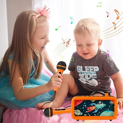 KINDL Bluetooth Kids Toy Karaoke Machine with 2 Microphones for Kids Girls Children boy Singing Machine Speaker Toddler Wired Microphone Set Portable Carry on Phone Holder Speaker, Orange